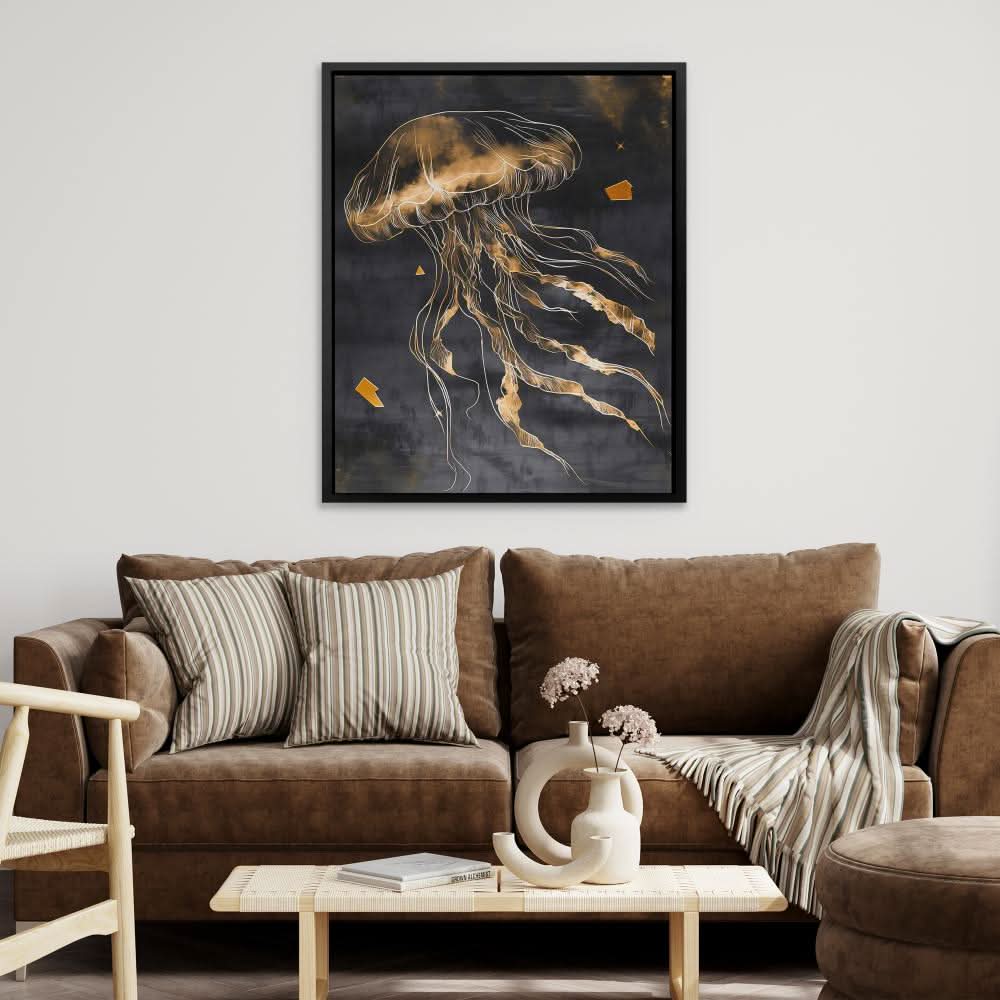 Aureate Drift - Black and Gold Jellyfish Canvas Print