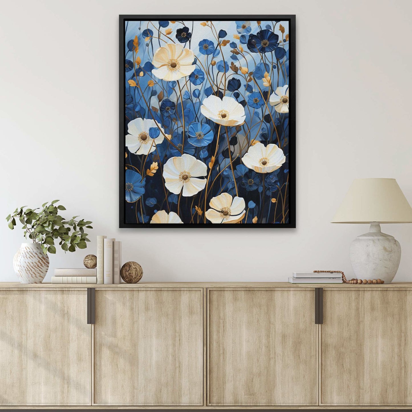 Azure Blossoms - Navy Blue Wall Art in Black Frame
