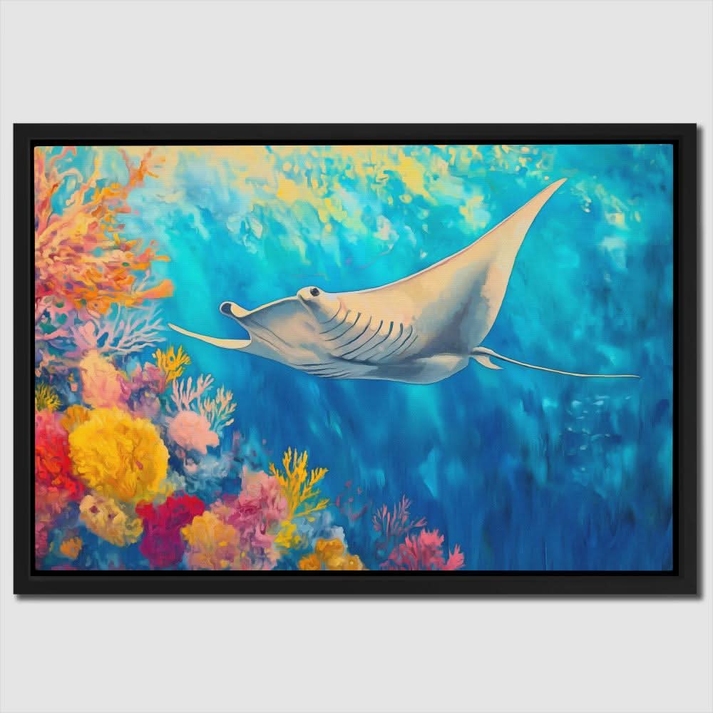 Azure Depths Manta Ray - Coastal Wall Art in Black Frame