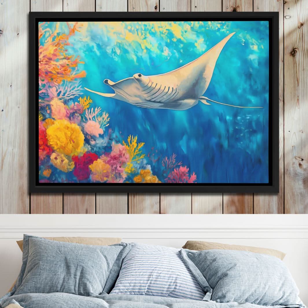 Azure Depths Manta Ray - Blue Coastal Canvas Print