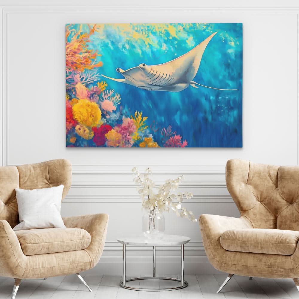 Azure Depths Manta Ray - Blue Canvas Wall Art