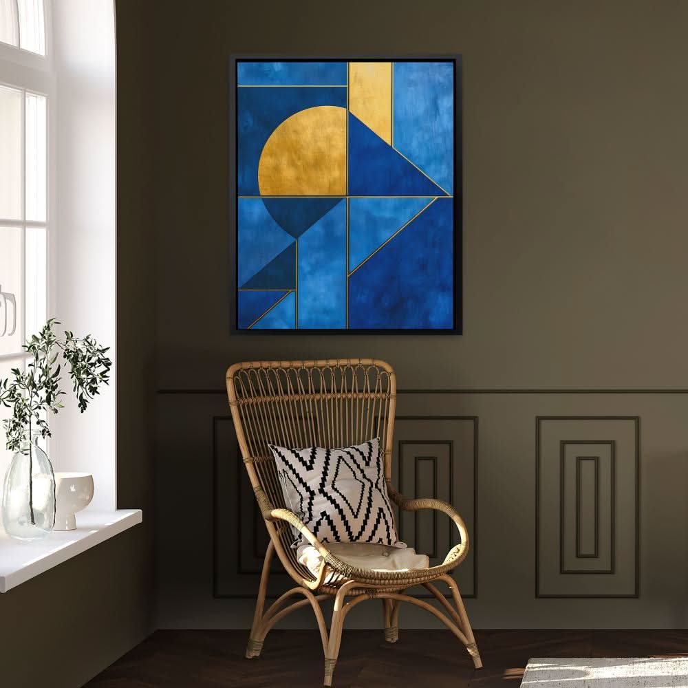 Azure Equilibrium - Blue Gold and White Wall Art in Black Frame