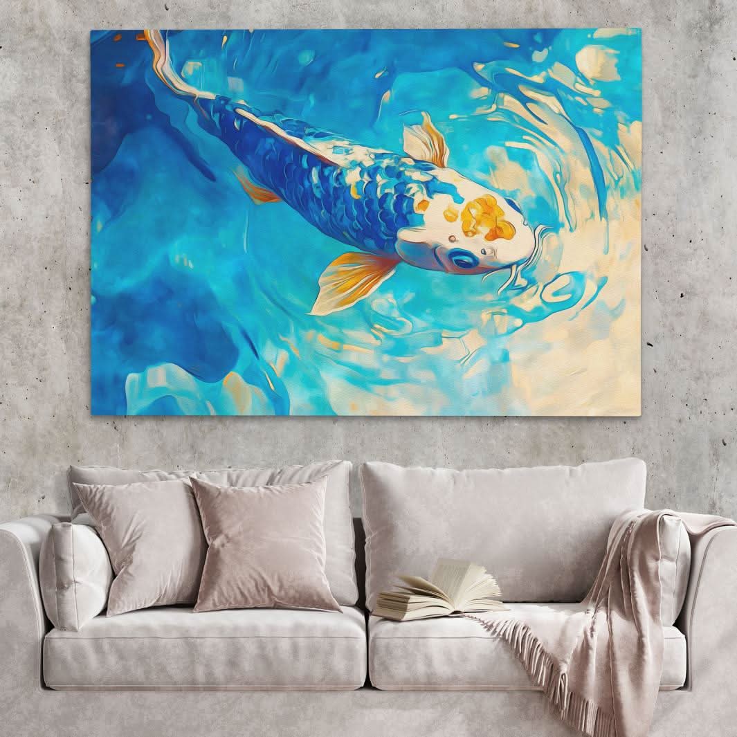 Azure Spiral Koi - Blue Wall Art for Bedroom