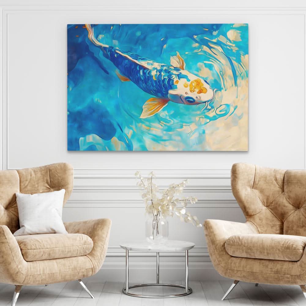 Azure Spiral Koi - Entryway Art for Bathroom