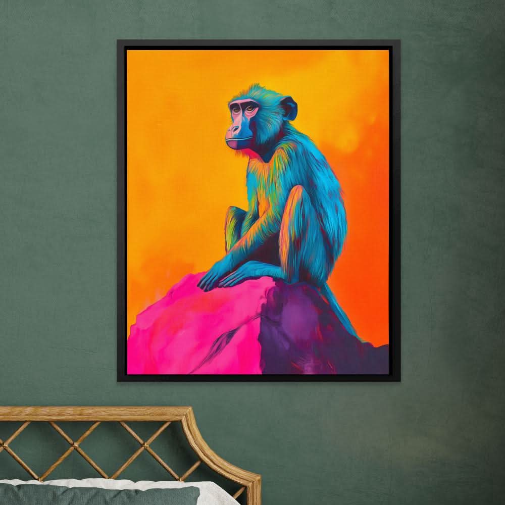 Baboon in Electric Hues - Oversized Animals Canvas Wall Art