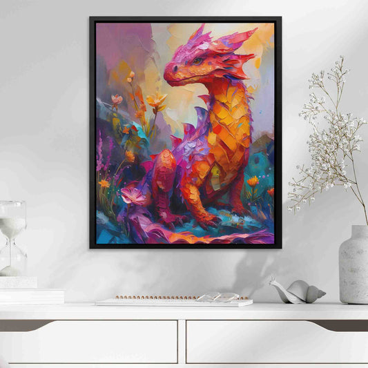 Baby Fire Dragon - Fantasy Wall Art in Black Frame