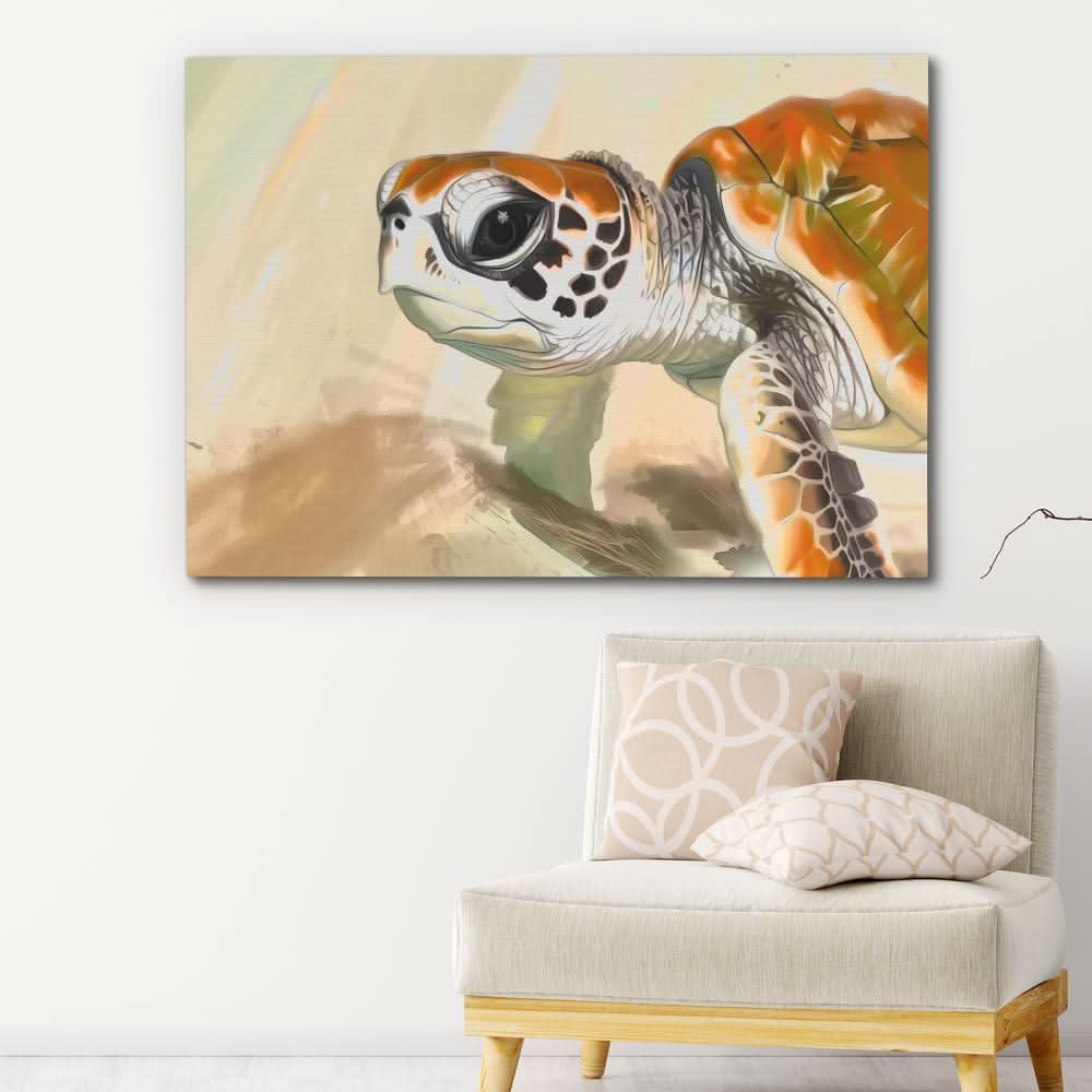 Baby Turtle - Watercolor Beige Canvas Wall Art
