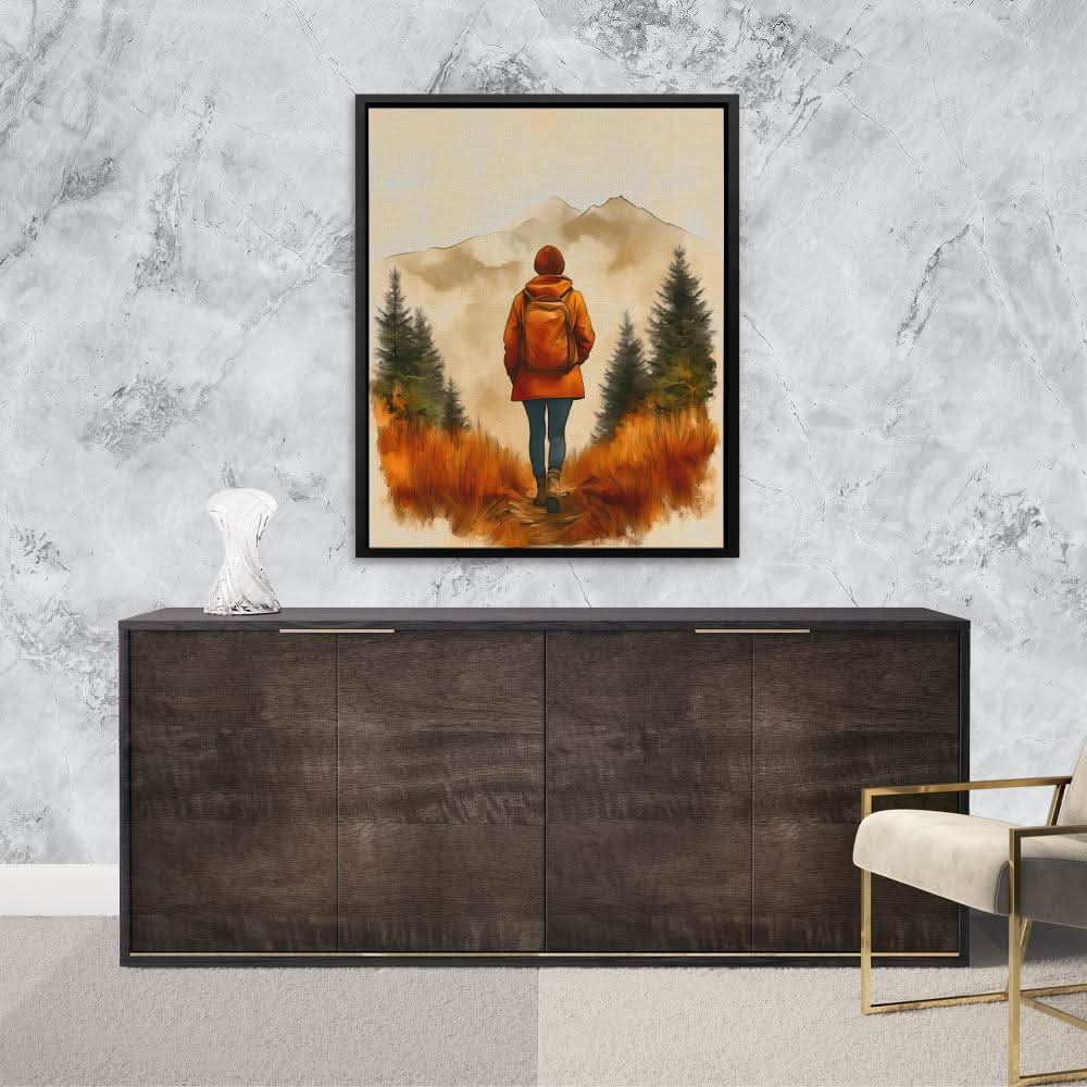 Backpacker on the Summit - Brown Wall Art for Home Office