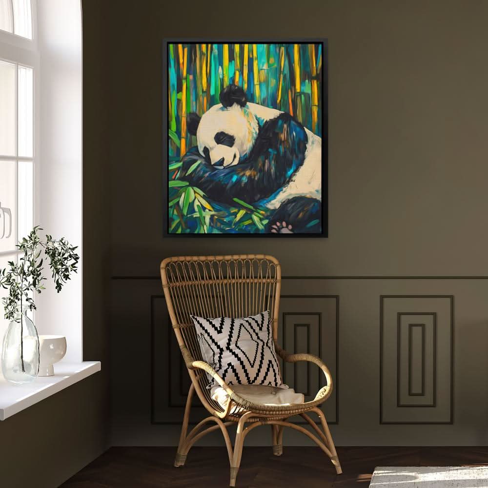 Bamboo Panda Bliss - Black and White Wall Art in Black Frame