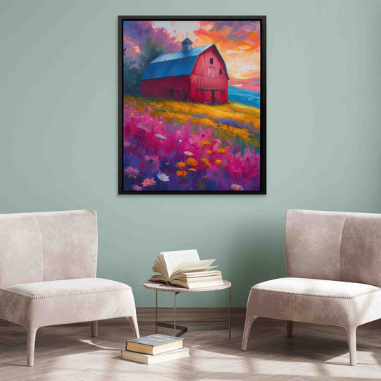 Barn House Meadow - Wall Art in Black Frame