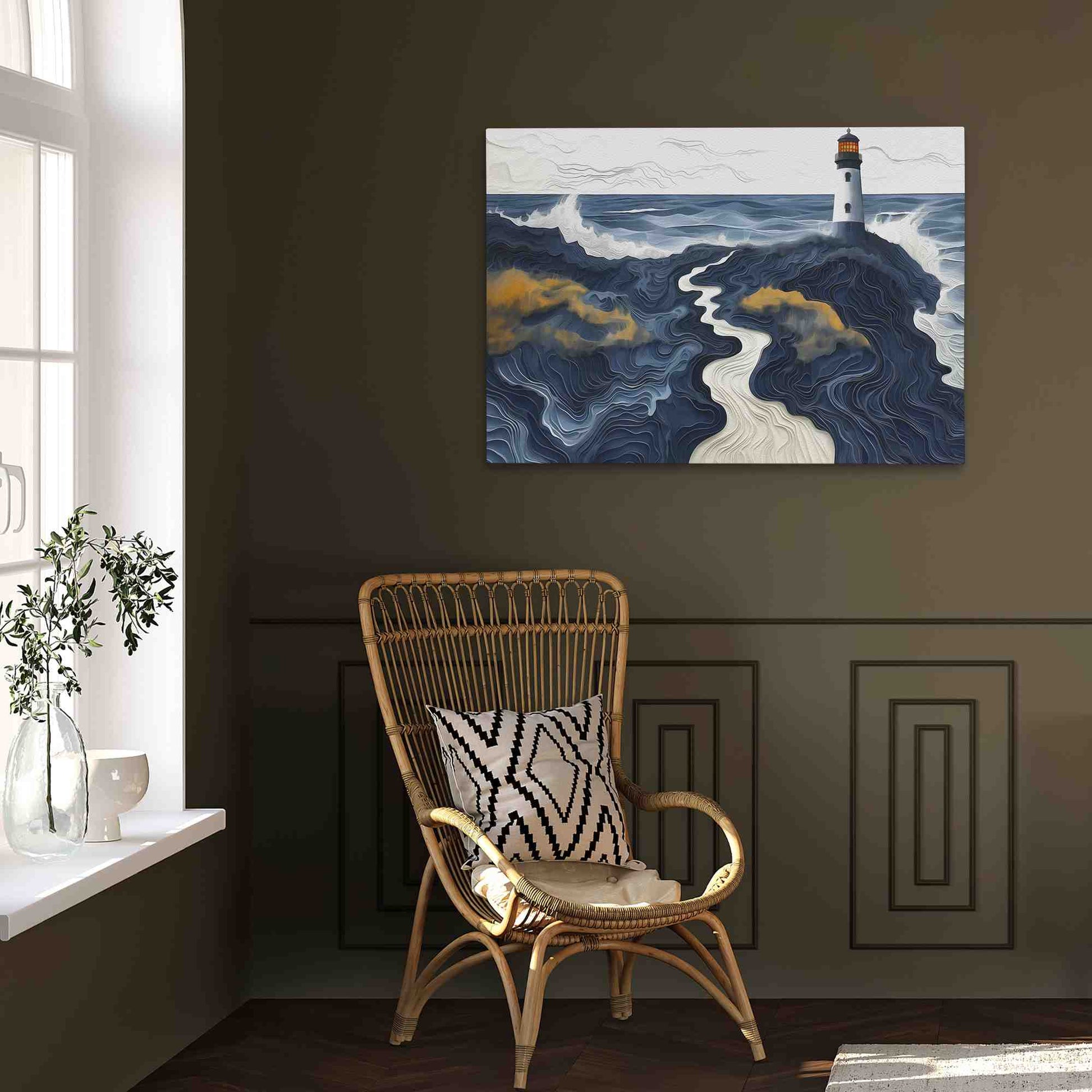 Beach Lighthouse - Coastal Wall Art in Black Frame