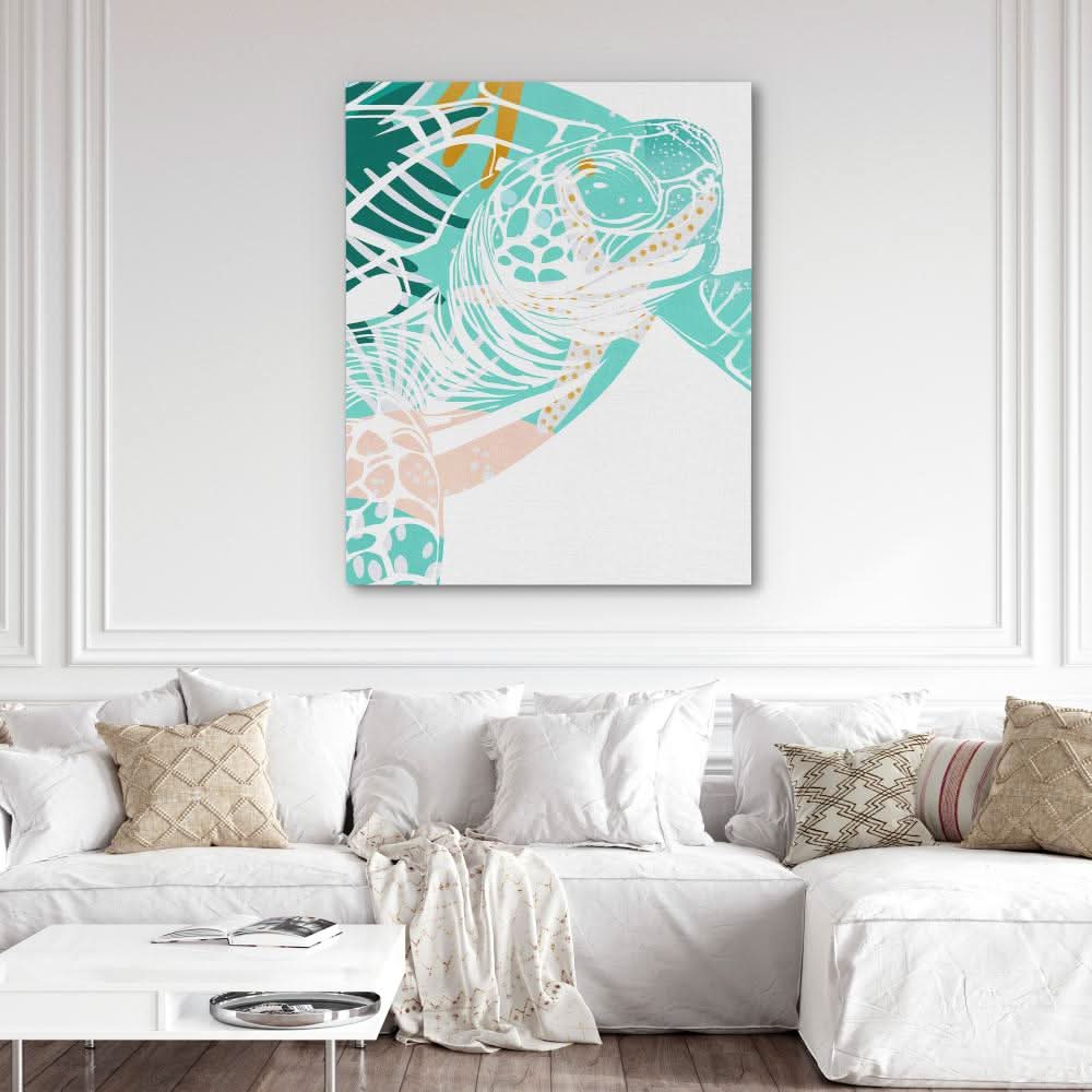 Beachside Turtle Print - Minimalist Green Canvas Wall Art