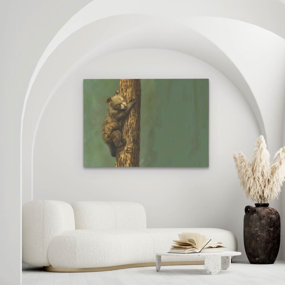 Bear Cub Climbing - Brown Canvas Wall Art