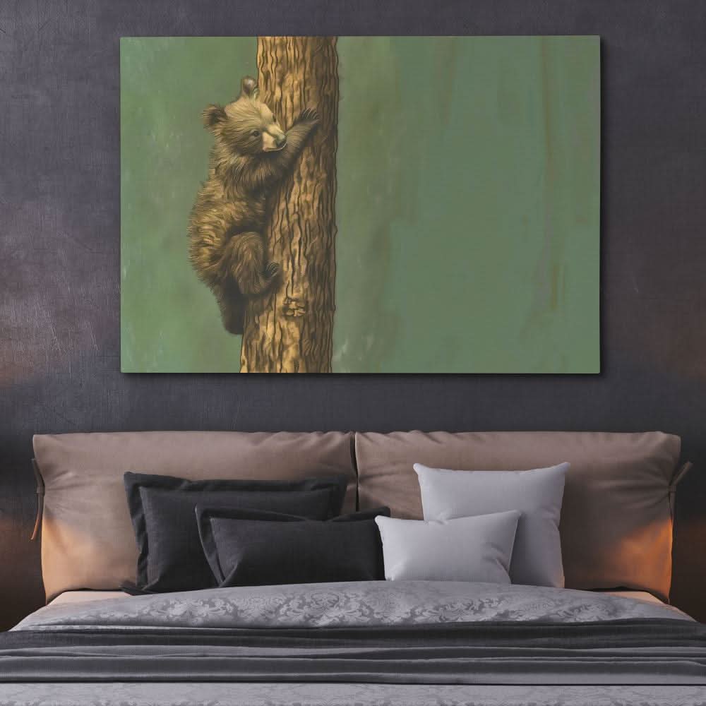 Bear Cub Climbing - Baby Animal Wall Art in Black Frame
