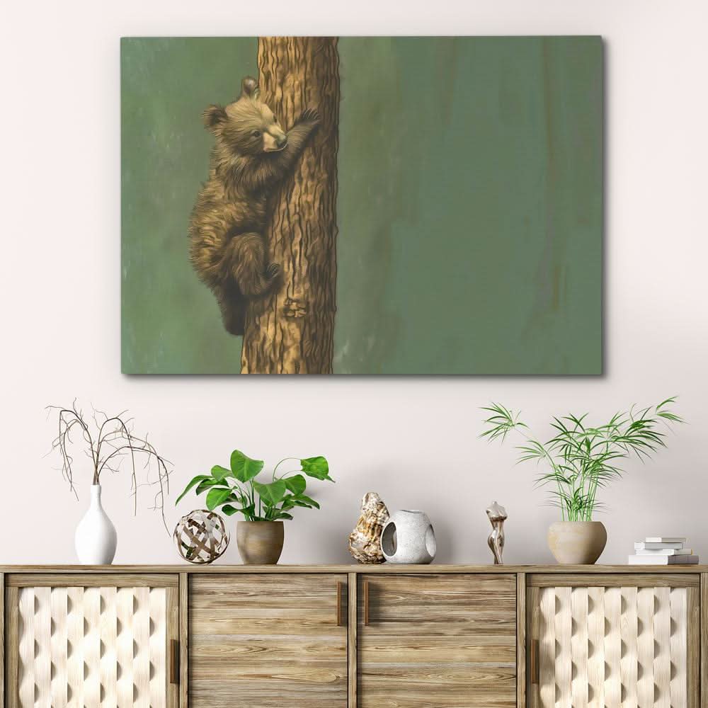 Bear Cub Climbing - Wall Art in Black Frame