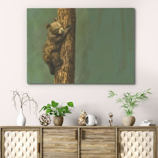 Bear Cub Climbing - Wall Art in Black Frame