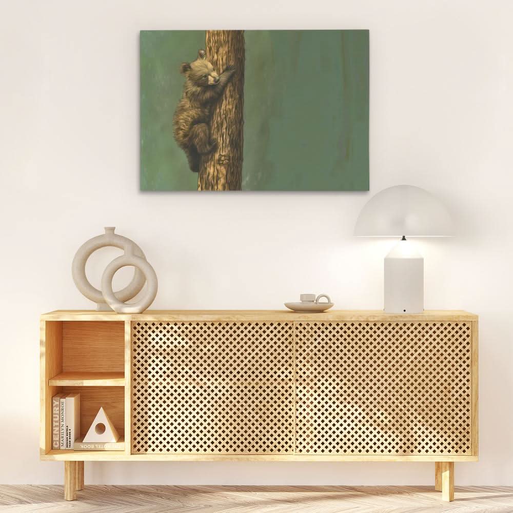 Bear Cub Climbing - Brown Wall Art for Living Room
