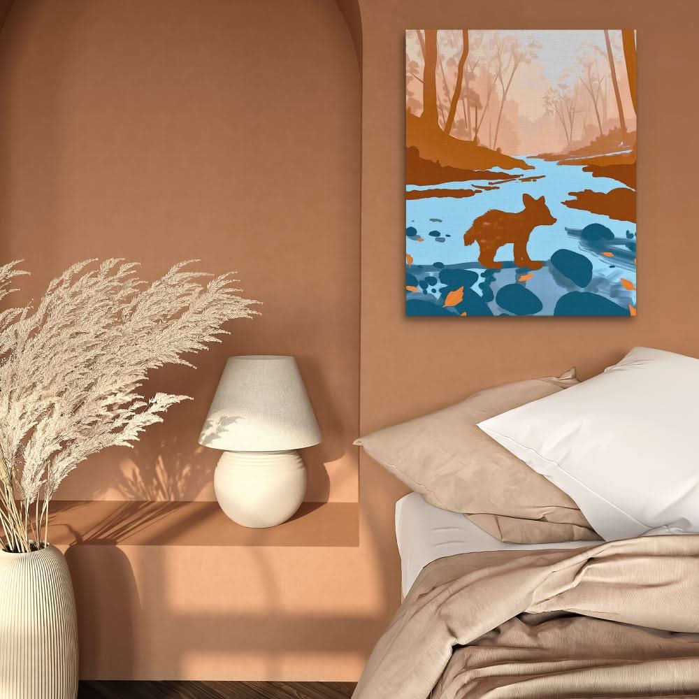 Bear Cub Exploring - Minimalist Brown Canvas Wall Art
