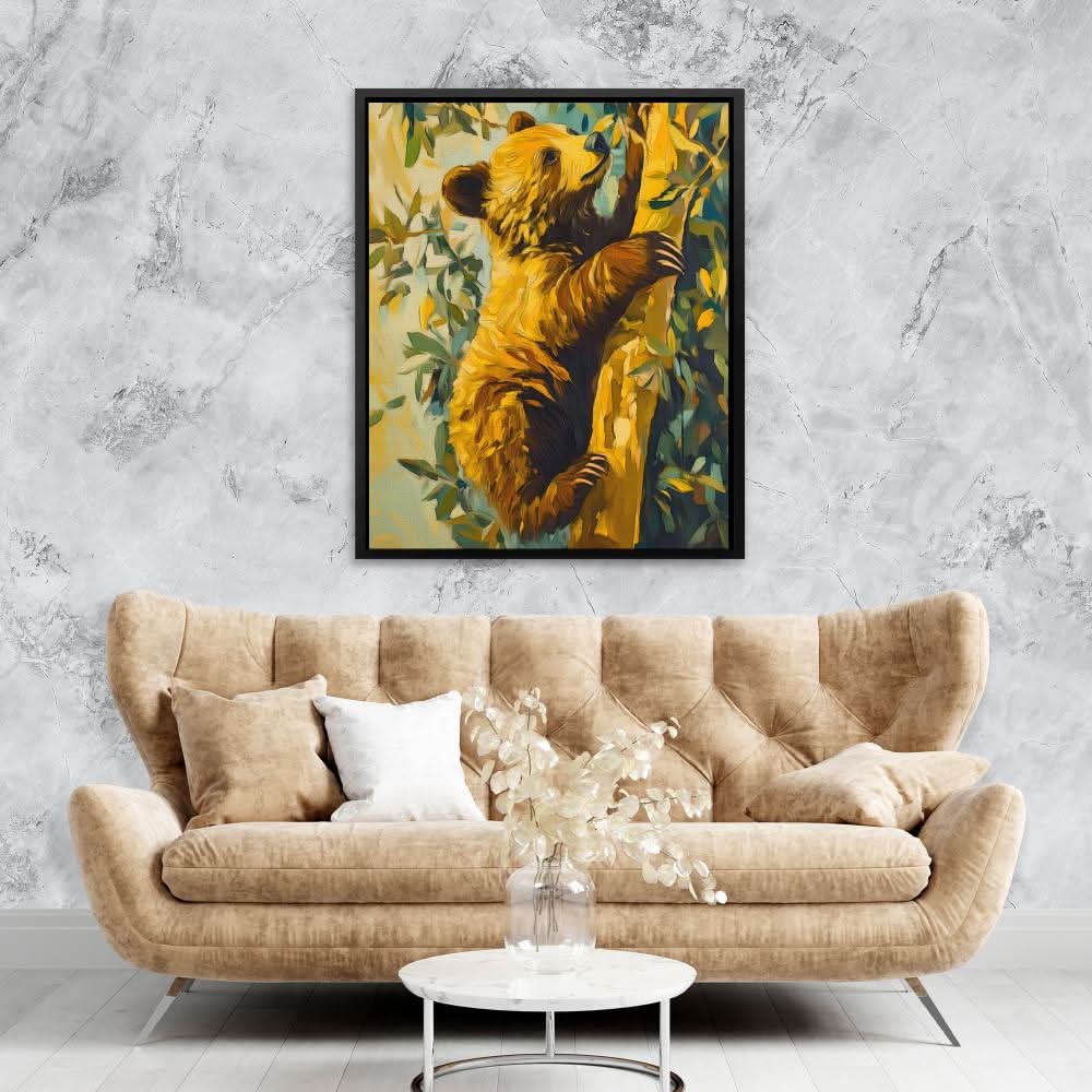 Bear Cub’s Brave Climb - Baby Animal Wall Art in Black Frame