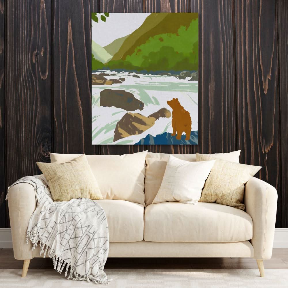 Bear Fishing - Cabin Wall Art in Black Frame