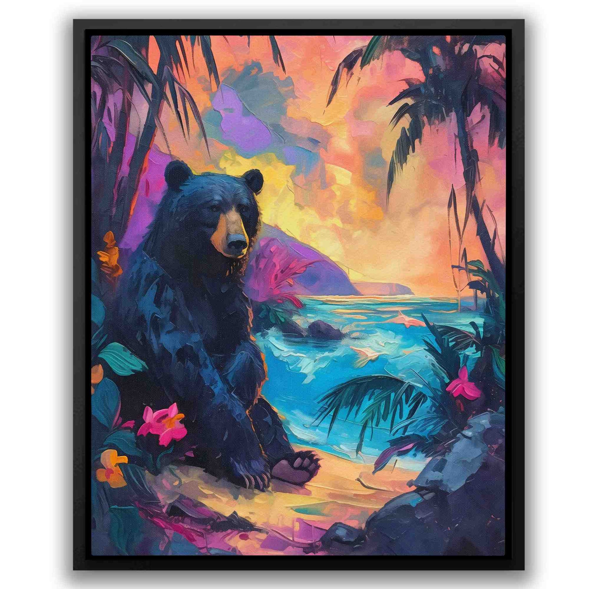 Bear in Paradise - Surrealism Wall Art in Black Frame