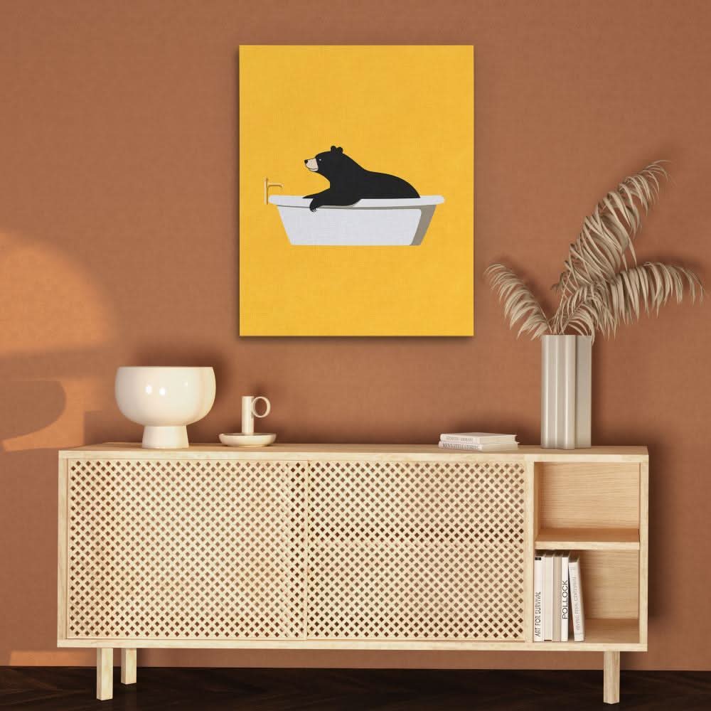 Bear Tub Surprise - Minimalist Wall Art in Black Frame