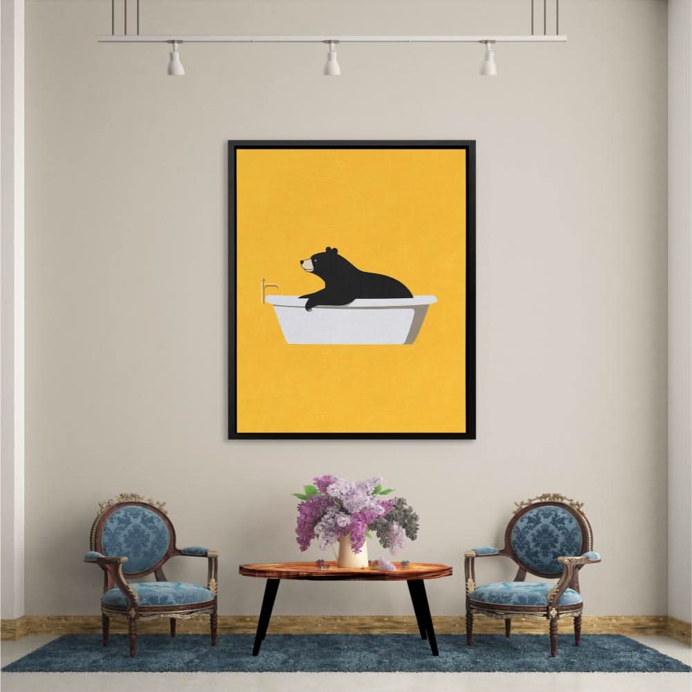 Bear Tub Surprise - Minimalist Yellow Canvas Wall Art