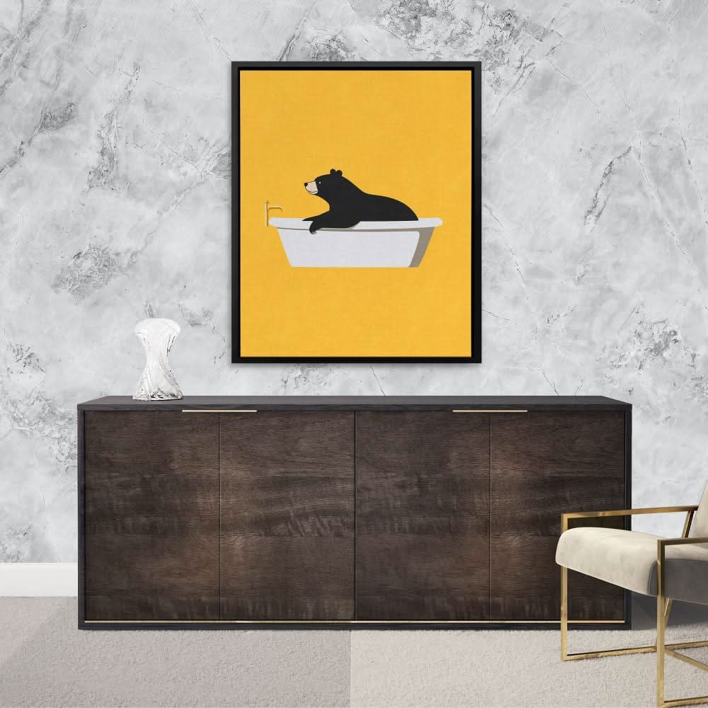 Bear Tub Surprise - Bathtub Wall Art in Black Frame