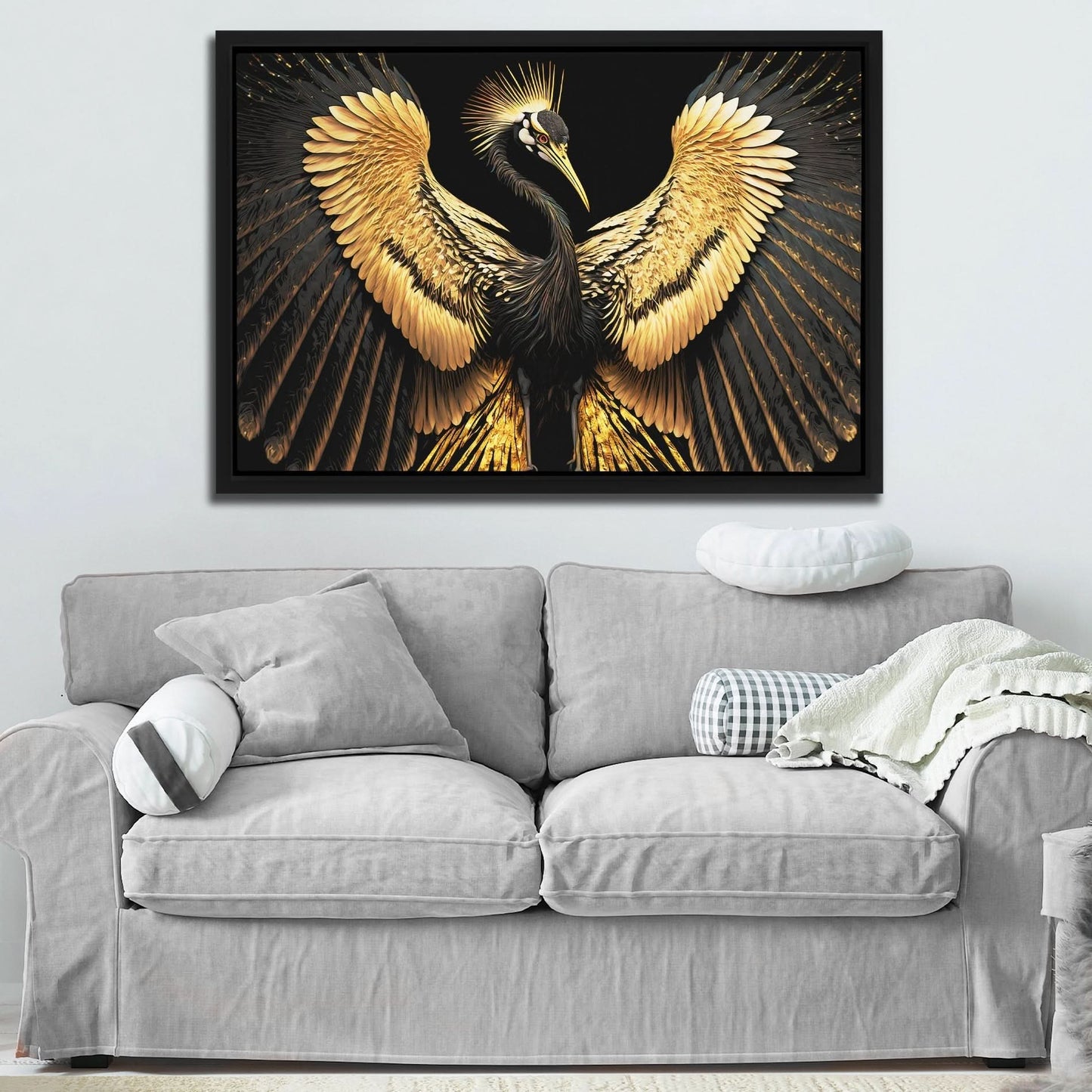 Black and Gold Crane - Black Crane Canvas Print