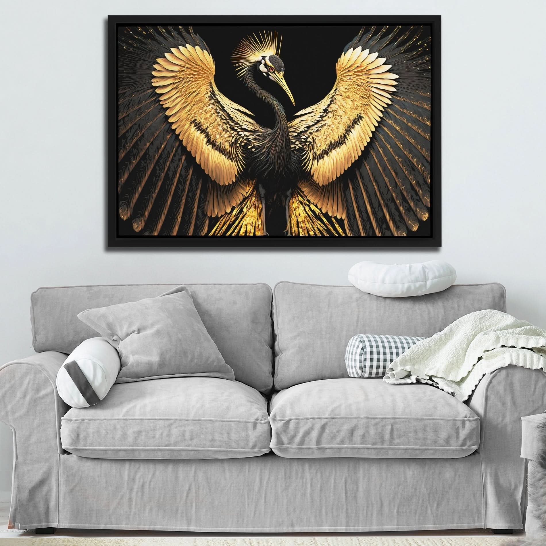 Black and Gold Crane - Black Crane Canvas Print