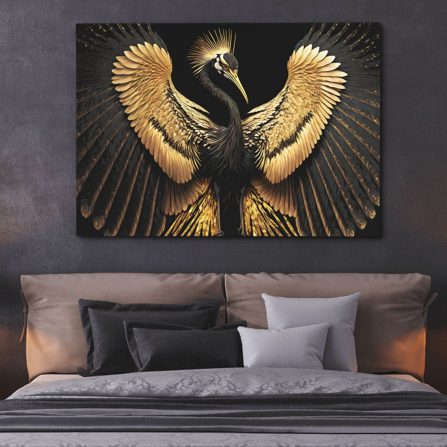 Black and Gold Crane - Black Wall Art