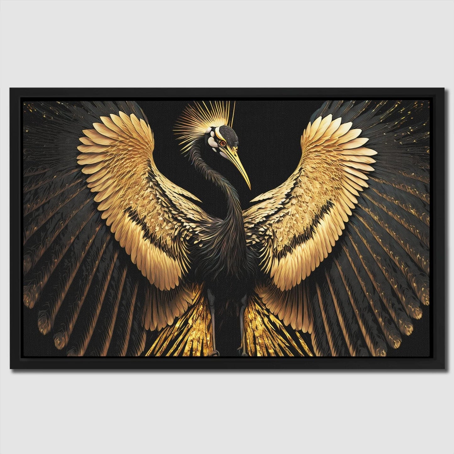 Black and Gold Crane - Crane Wall Art in Black Frame