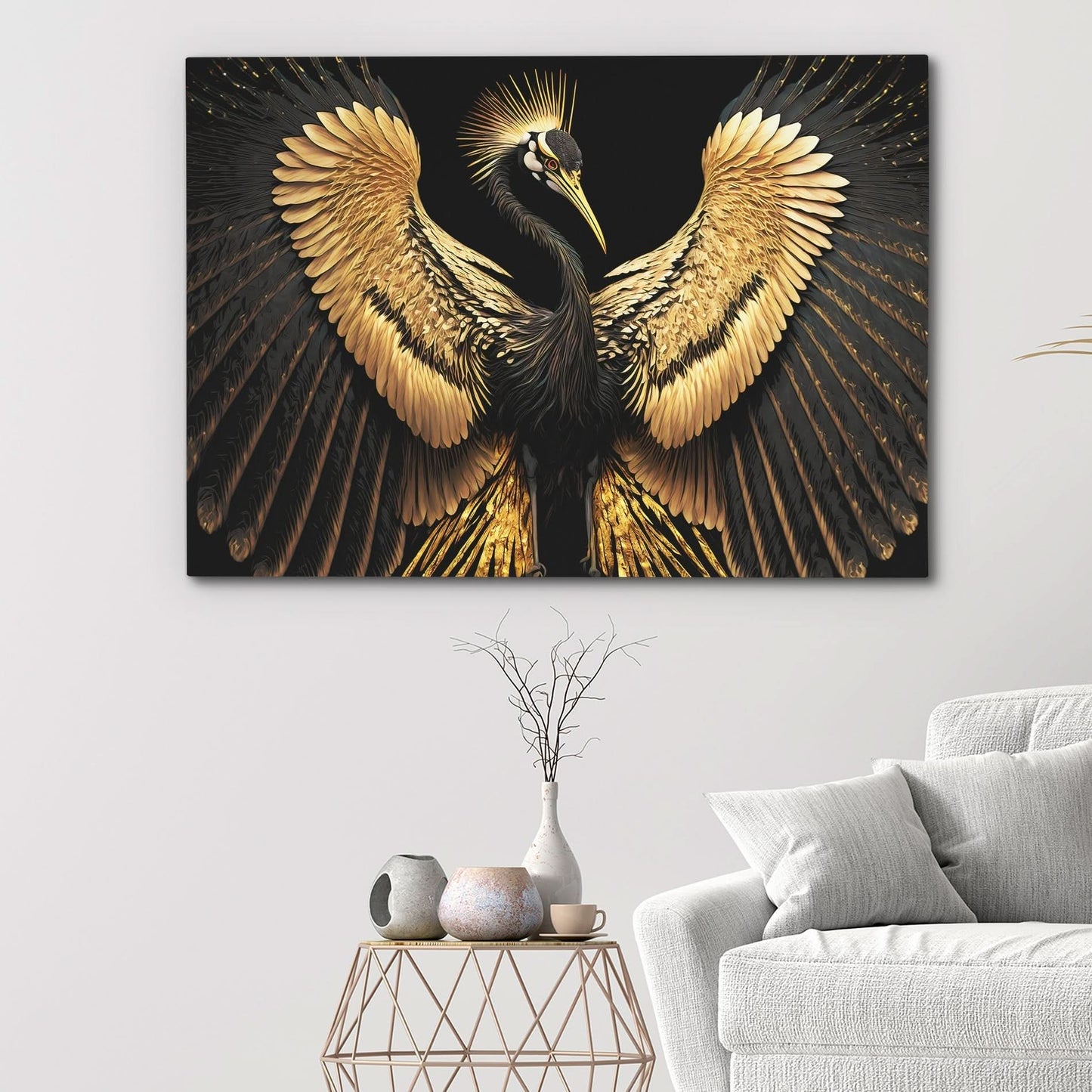 Black and Gold Crane - Black Canvas Wall Art