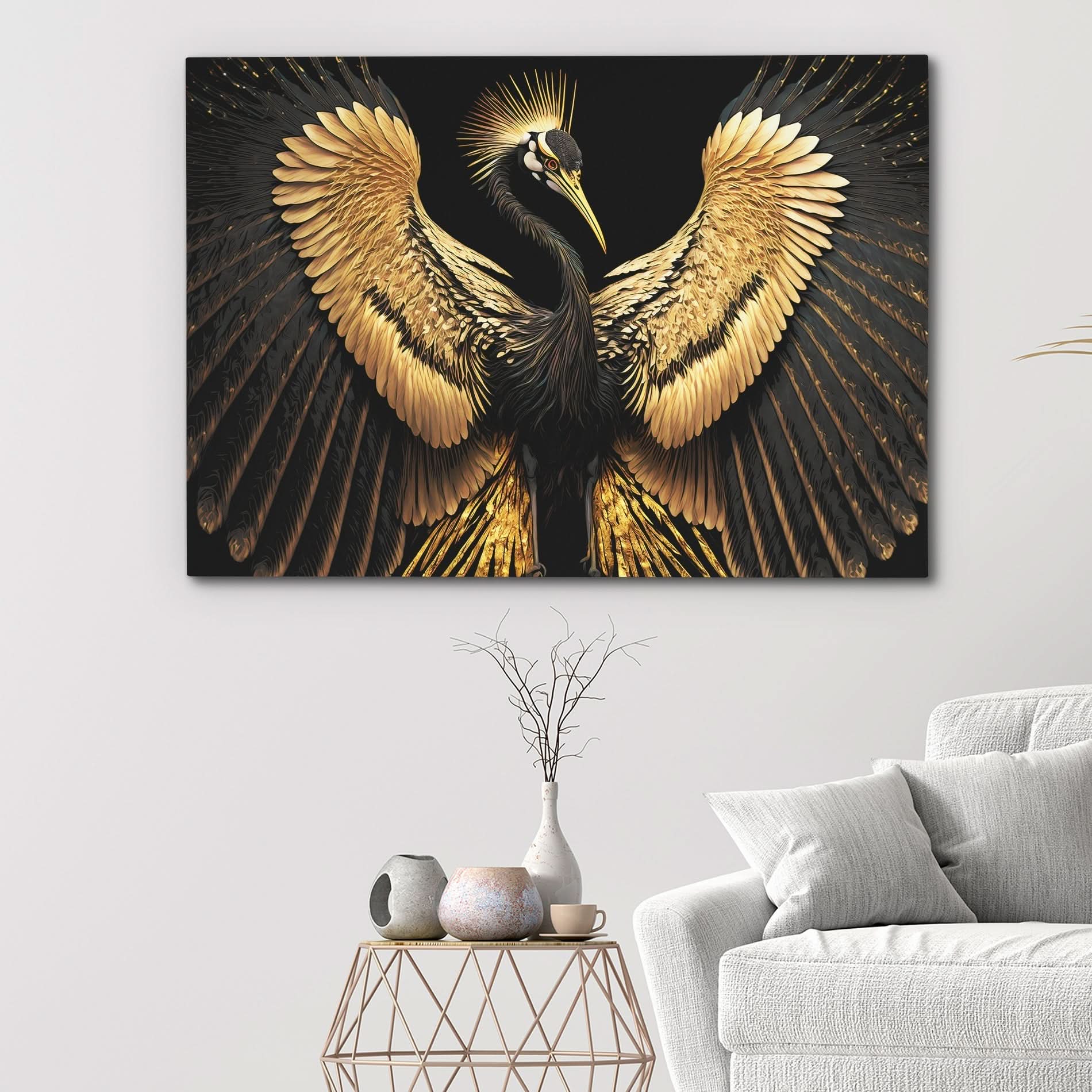 Black and Gold Crane - Black Canvas Wall Art