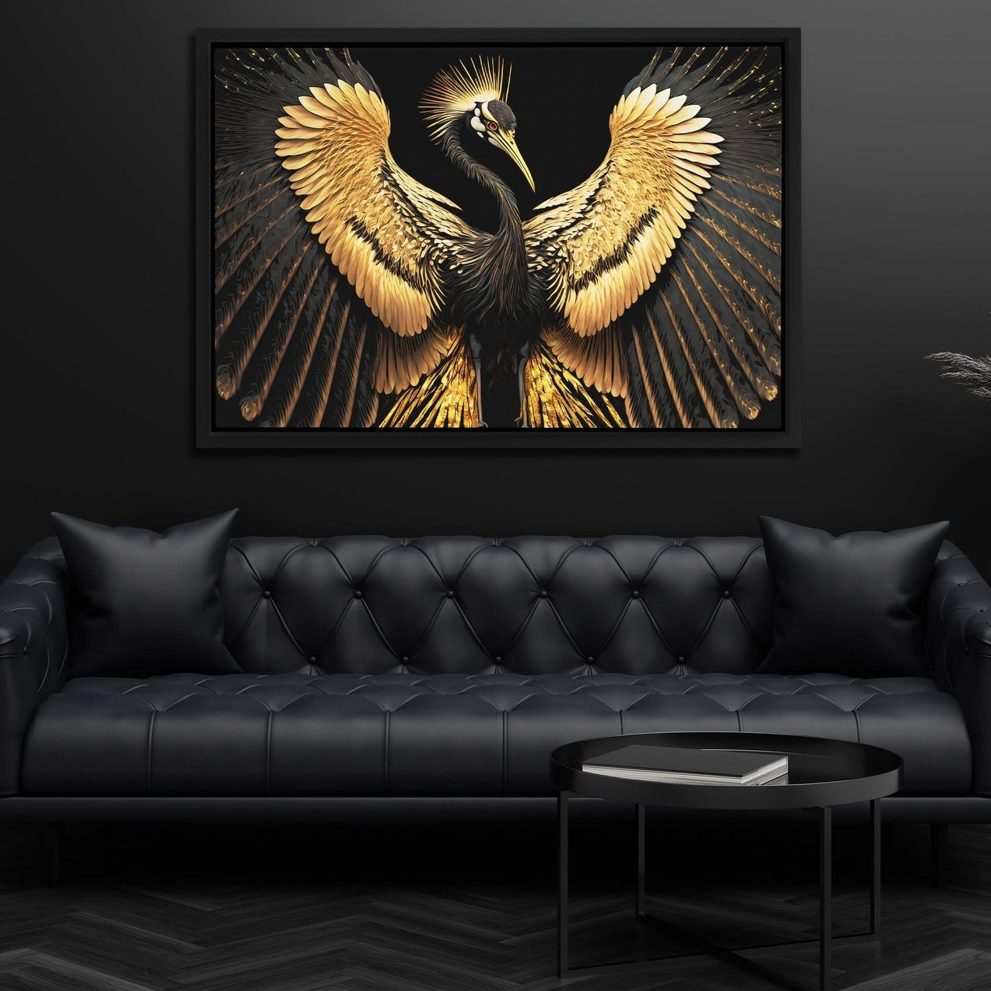 Black and Gold Crane - Wall Art in Black Frame