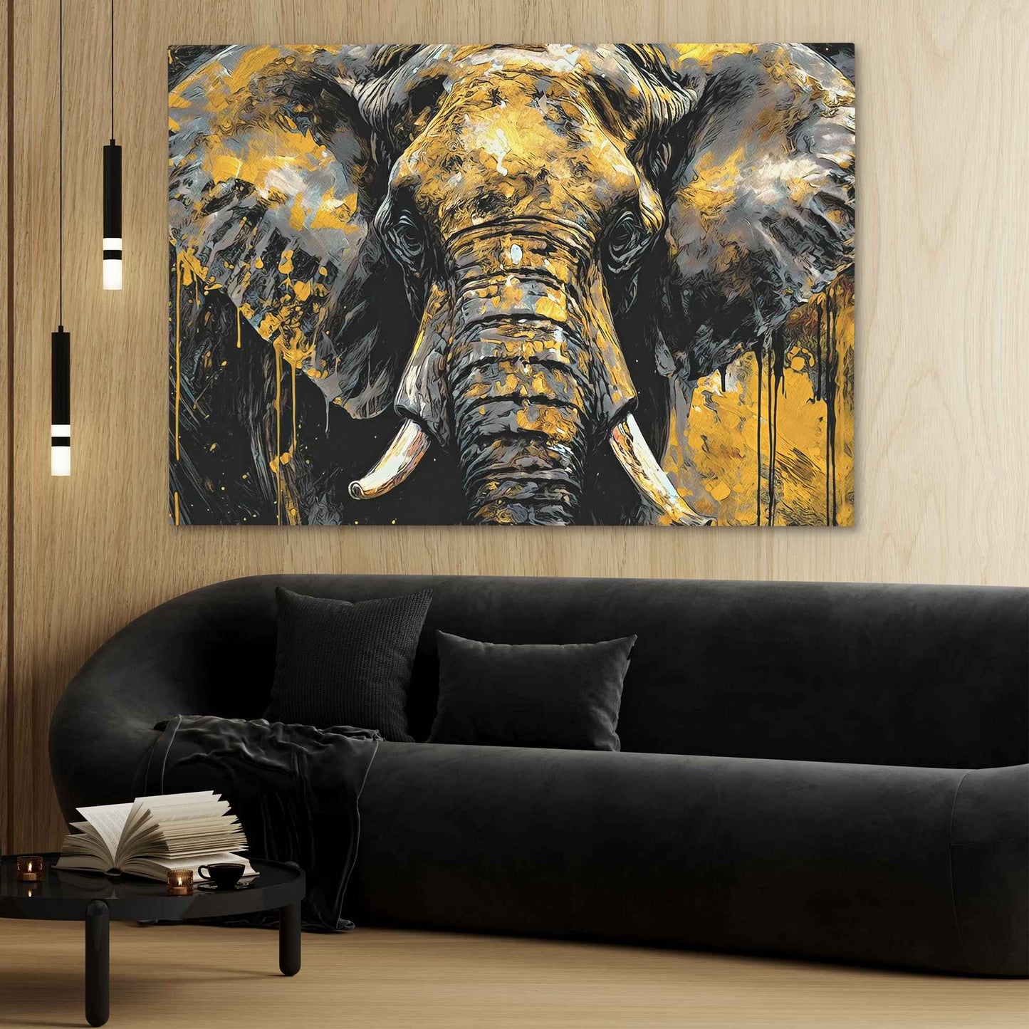 Black and Gold Elephant - Black Wall Art