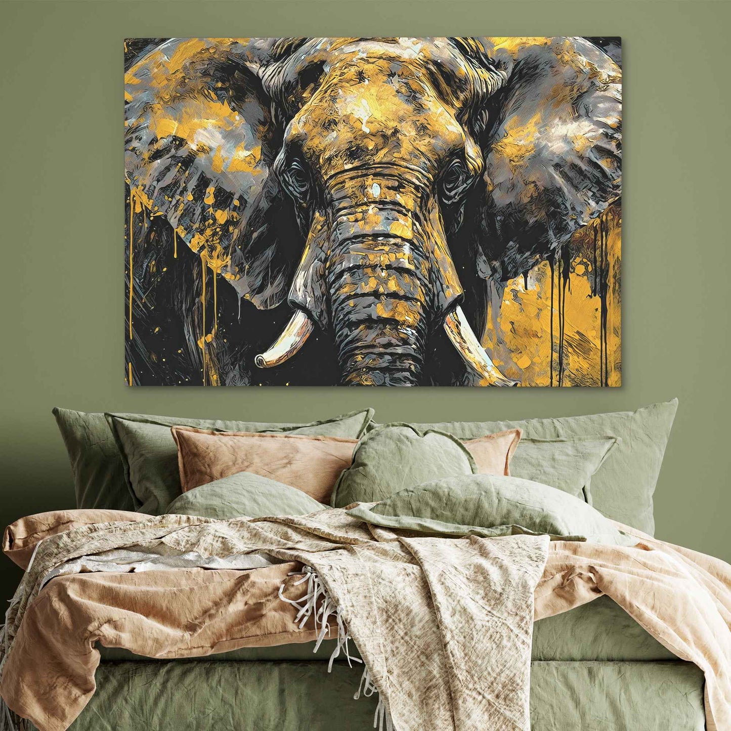 Black and Gold Elephant - Black Canvas Wall Art