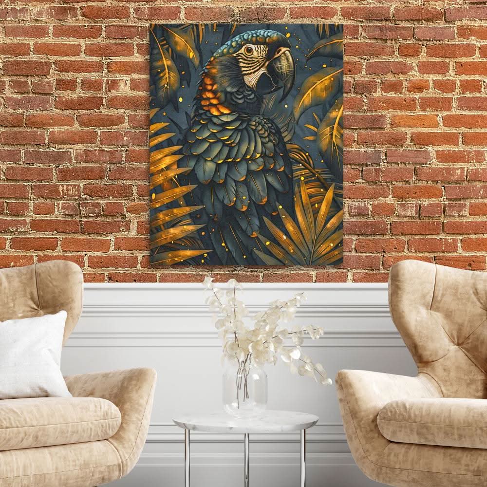 Black and Gold Parrot - Jungle Wall Art in Black Frame