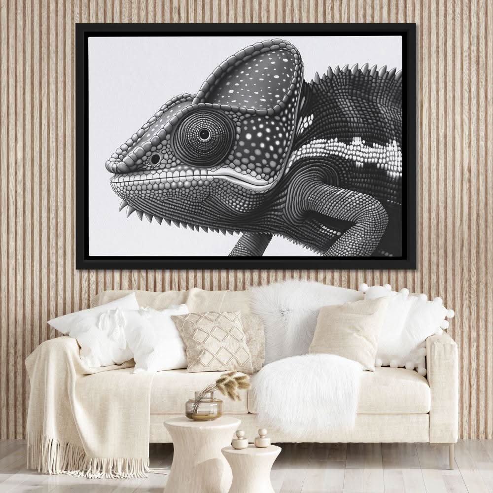 Black and White Chameleon - Wall Art in Black Frame