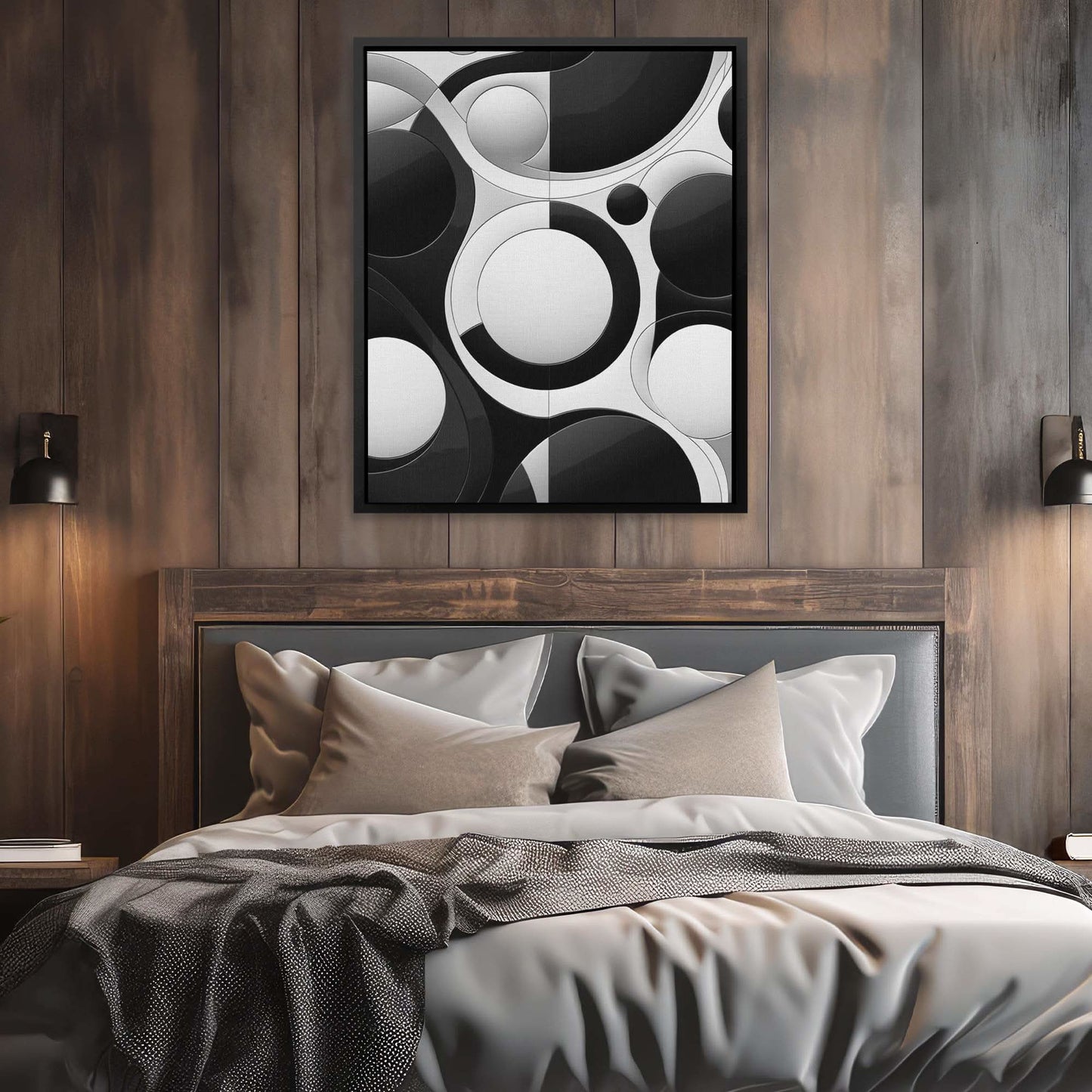 Black and White Circles - Abstract Wall Art in Black Frame