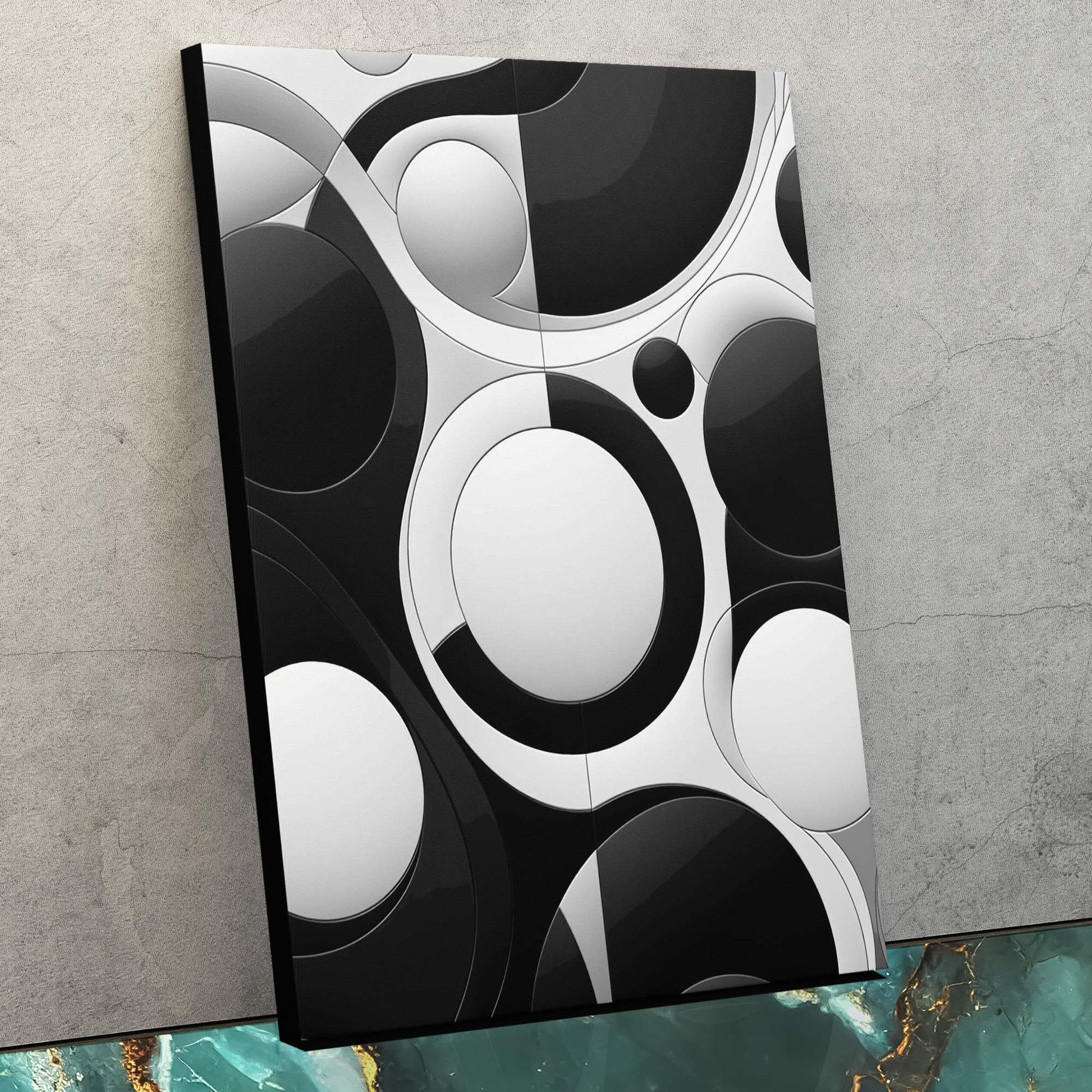 Black and White Circles - Vertical Wall Art in Black Frame