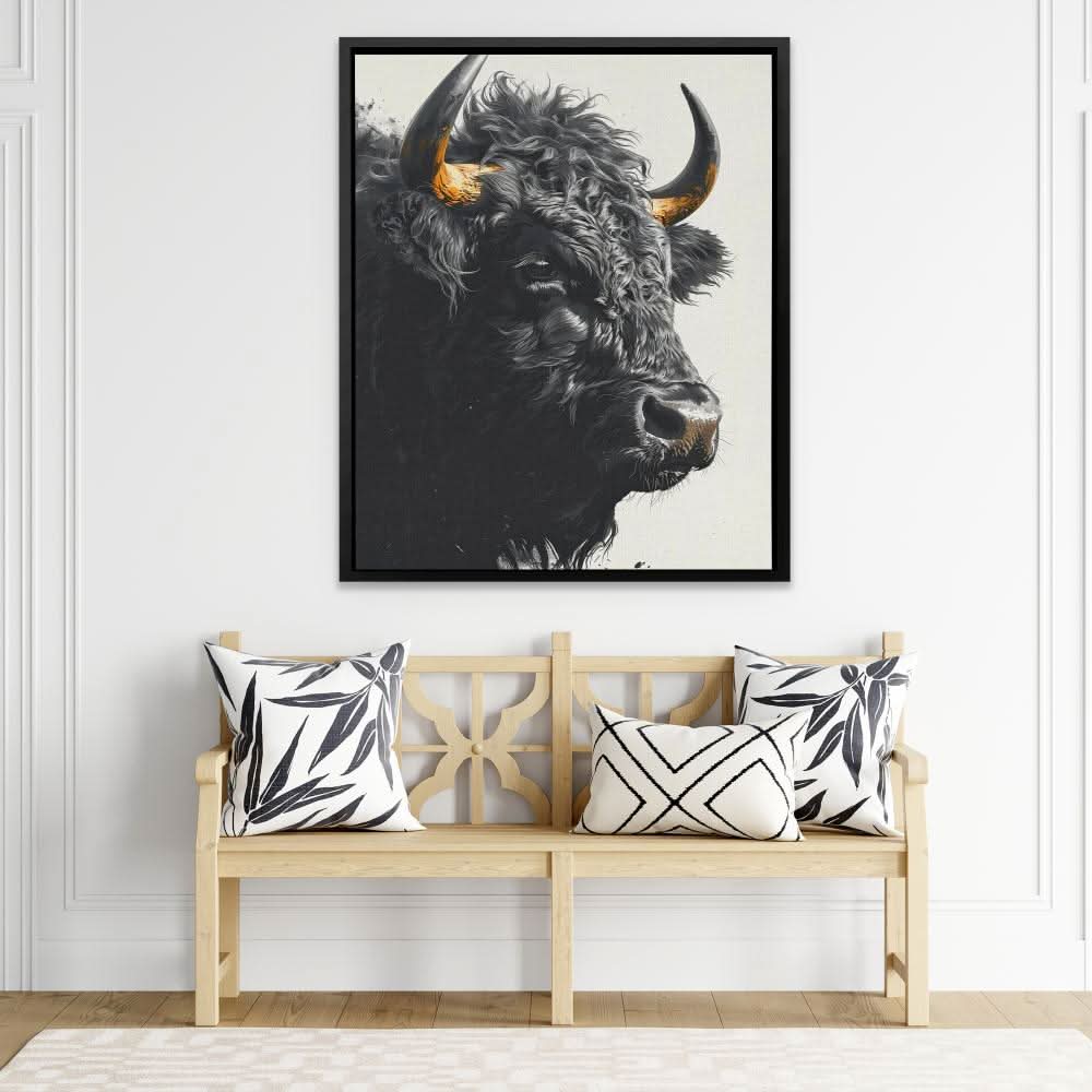 Black Bull - Black and White Wall Art in Black Frame