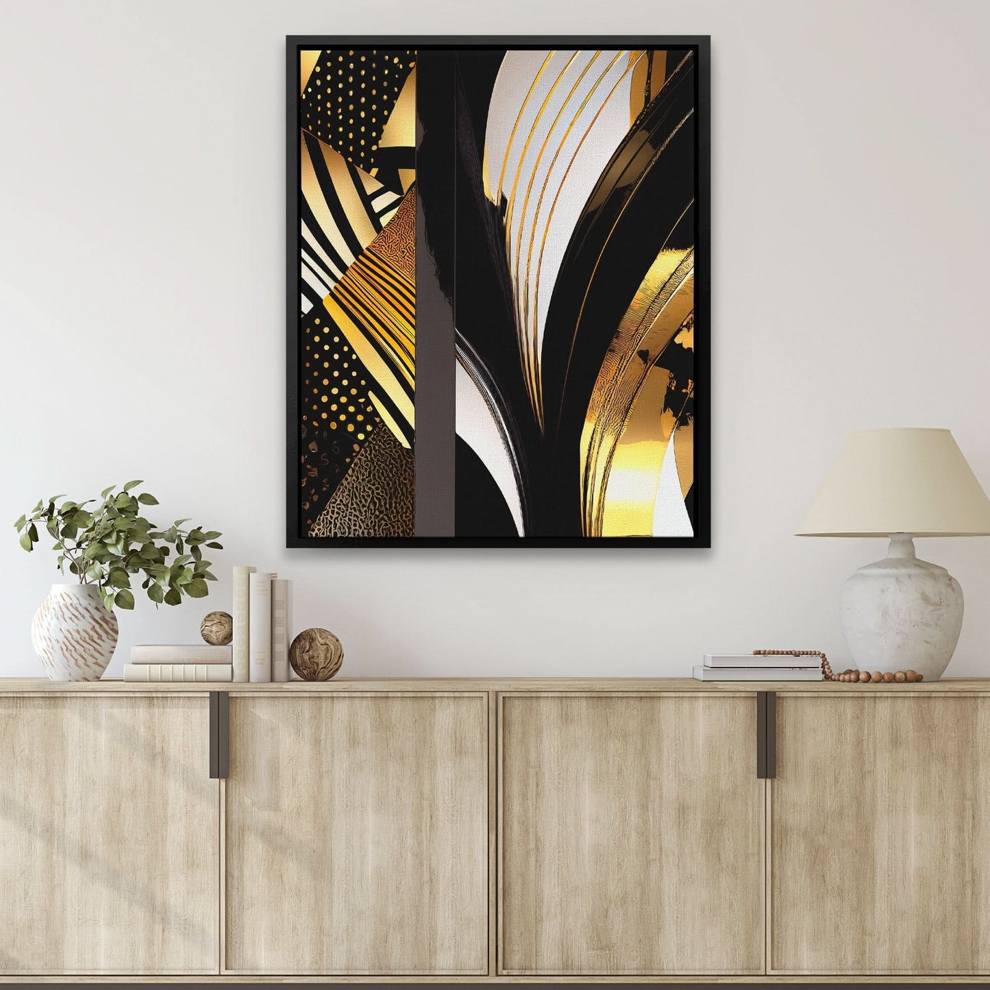 Black Gold Abstract V-1 - Abstract Wall Art in Black Frame