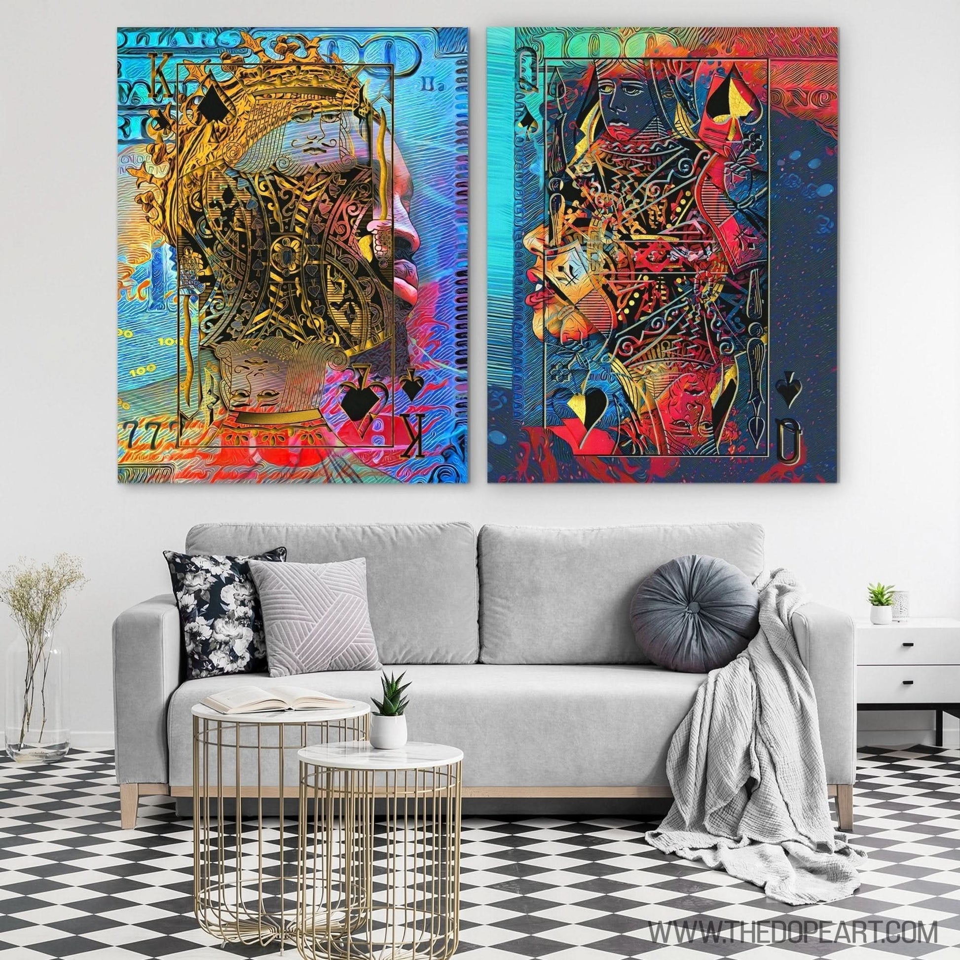 Black King and Queen of Spades - Blue Wall Art for Game Room