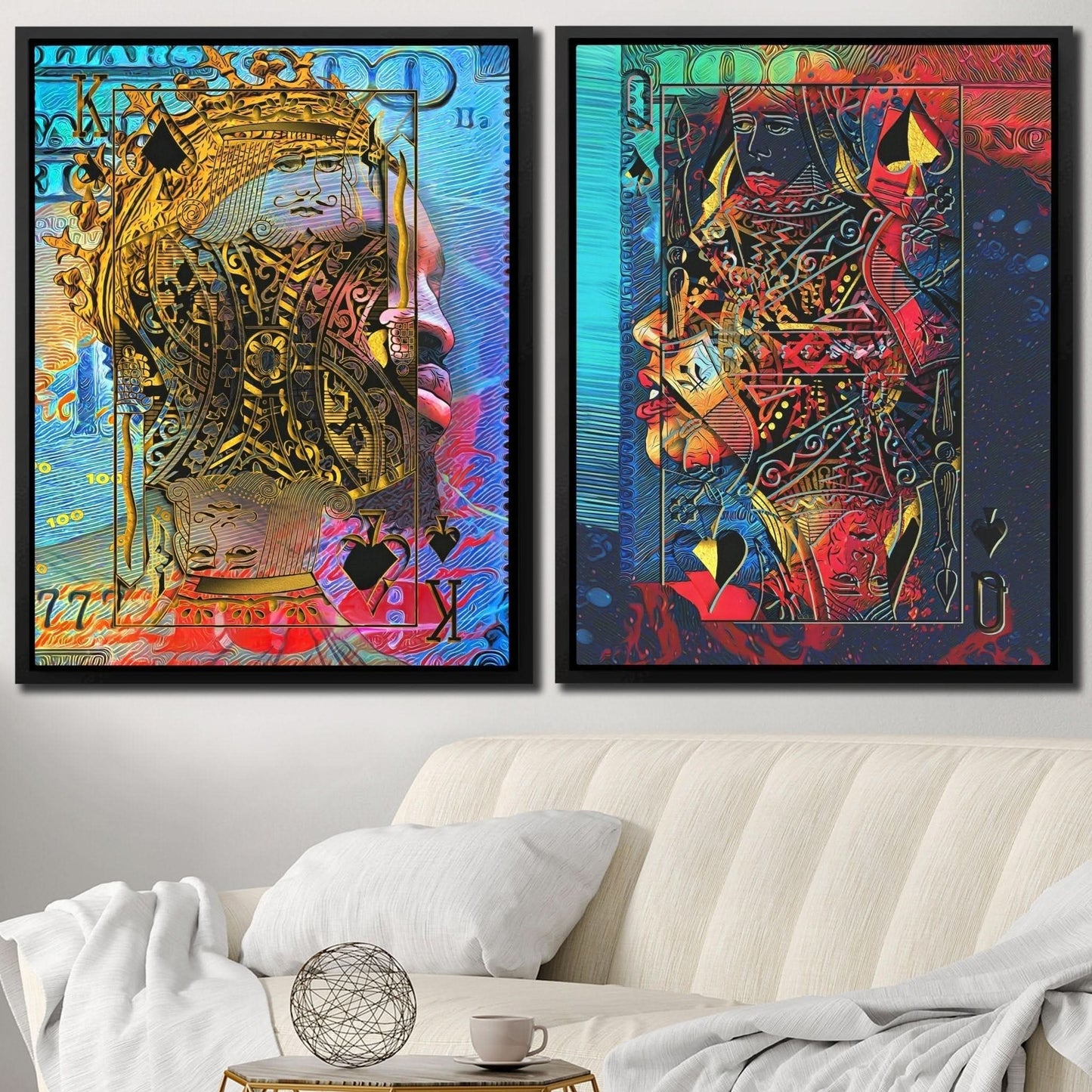 Black King and Queen of Spades - Maximalist Wall Art in Black Frame