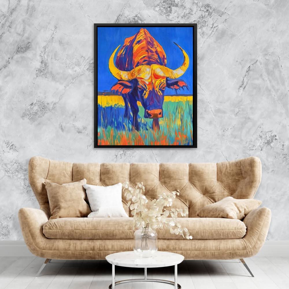 Blaze of the Prairie - Bull Wall Art in Black Frame