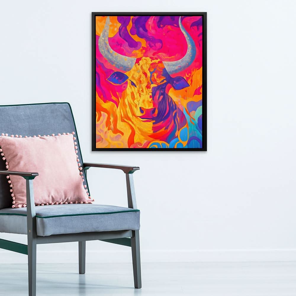 Blazing Bull Fury - Bull Wall Art in Black Frame