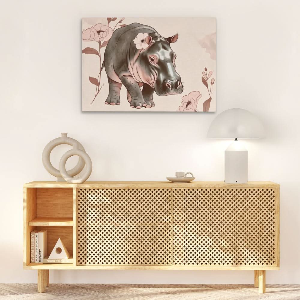 Blooming Hippo - Beige Canvas Wall Art
