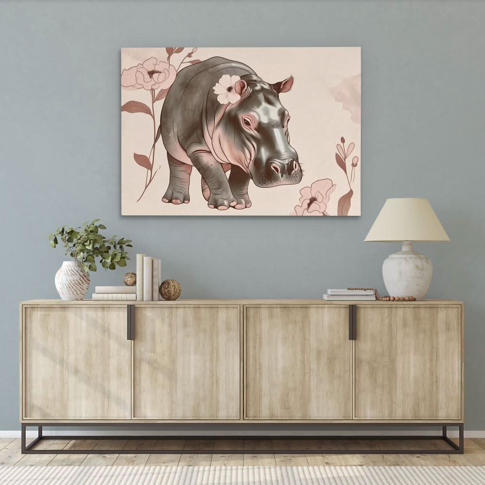 Blooming Hippo - Wall Art in Black Frame