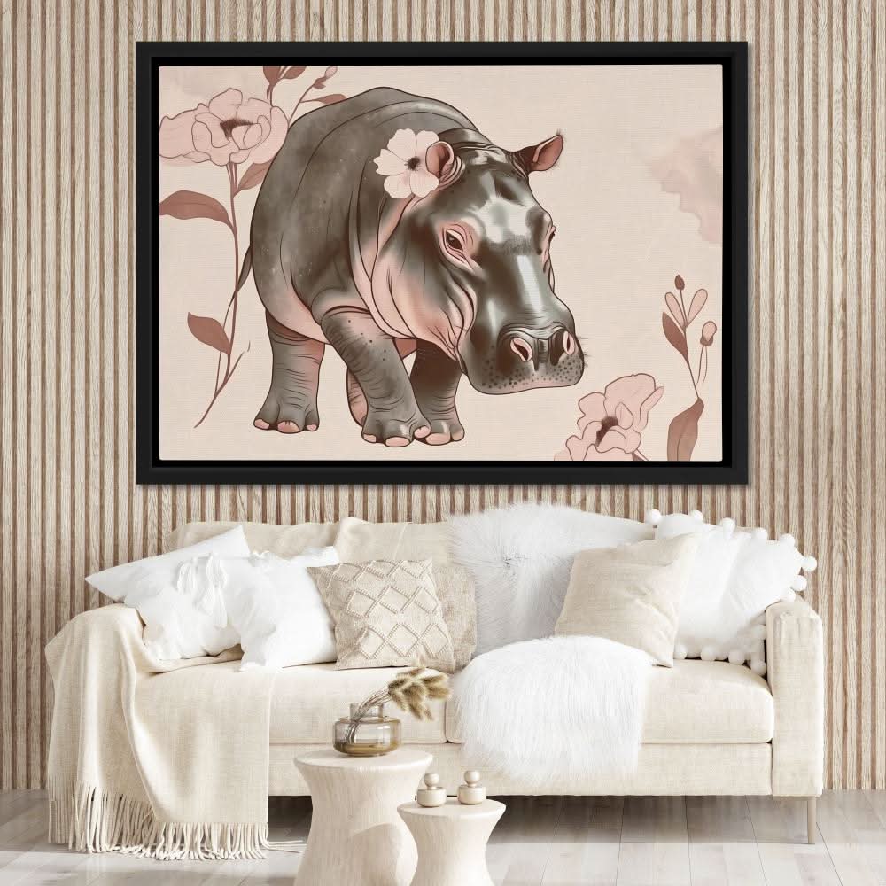 Blooming Hippo - Beige Botanical Canvas Print